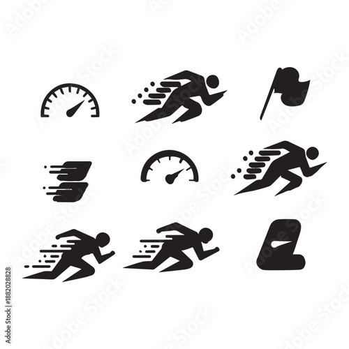 Speed and Performance Icons Featuring Running Athletes Velocity Meters and Racing Finish Flags. 
