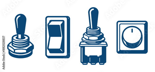 Electrical switches icons, vector illustration set, blue color on off control power equipment in white background.