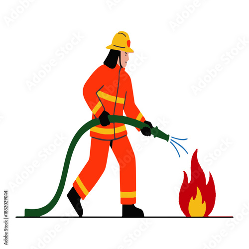 Firefighter actively extinguishing small fire with water hose in emergency illustration