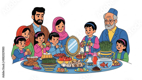 Family celebrating nowruz with traditional food and mirror
