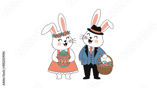 Cute pair of white Easter bunnies dressed in clothes holding a decorated egg and a basket of holiday treats.
