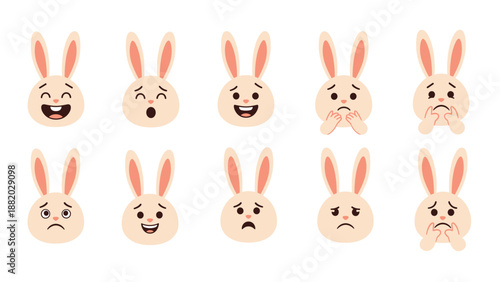 Collection of cute bunny head icons showing various facial expressions and emotions like happy, sad, and surprised.