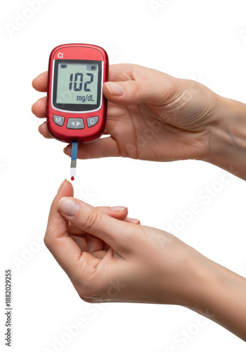 ultra-realistic macro of fair-skinned woman's hand using a modern red glucometer reading '102 mg/dL' on a transparent background, razor-sharp focus. concept of proactive health monitoring