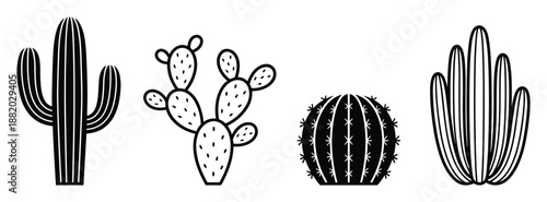 Four black cactus species vector collection, botanical desert plants illustrations, nature design elements.