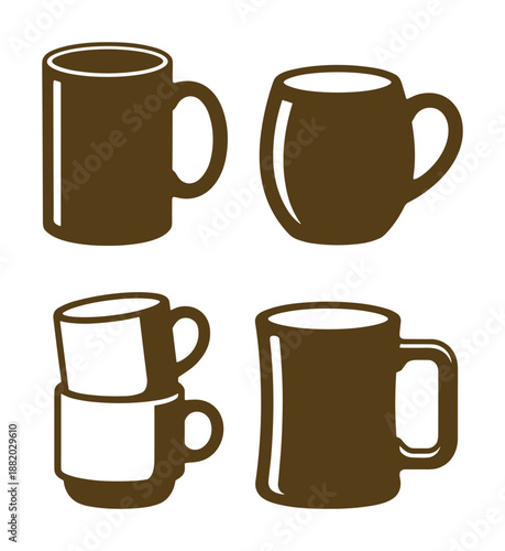 Four brown mugs of different shapes, ceramic cups, vector isolated on white background for design projects.