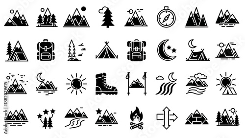 Black and white camping icons set.