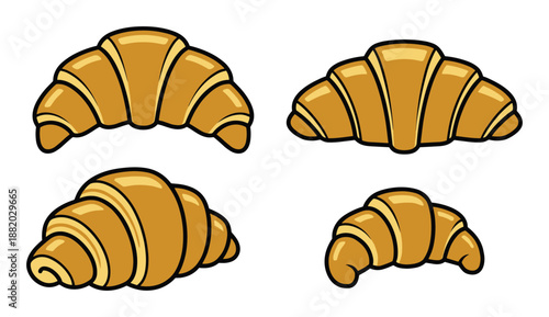 Four cartoon style croissants with golden brown color and thick black outline on a white backdrop.