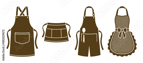 Four brown aprons including cooking, kitchen, craft and gardening style aprons in brown color illustration.