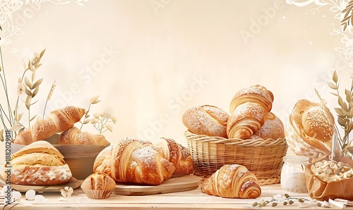 Artfully arranged baked goods on a wooden counter, perfect for a bakery flyer