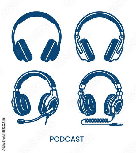 Four different headphone illustrations in blue, perfect for podcasting and listening music or communication.