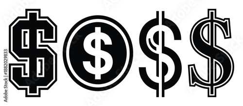 Four different black and white dollar sign icons, a collection of money currency symbols and financial designs