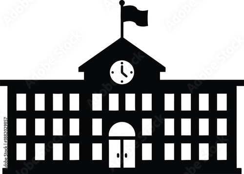 A simple silhouette icon of a traditional school building with a clock tower and flag