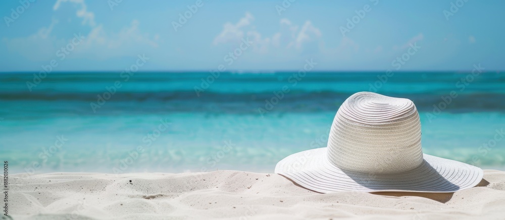 Obraz premium A white sun hat rests on the sandy beach near turquoise waters. The scene captures a serene summer day by the ocean.