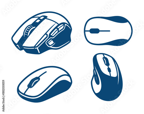 Four various computer mouse icons isolated, simple, elegant designs, vector illustration, blue and white