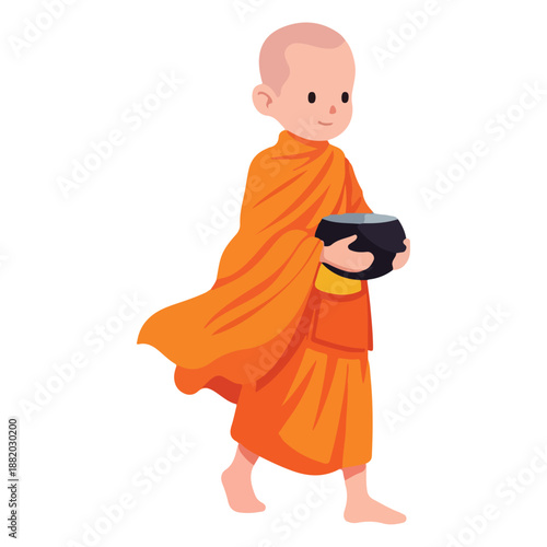 Young Buddhist Monk Walking with Alms Bowl.