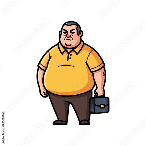 Angry Overweight Businessman Holding Briefcase Cartoon.