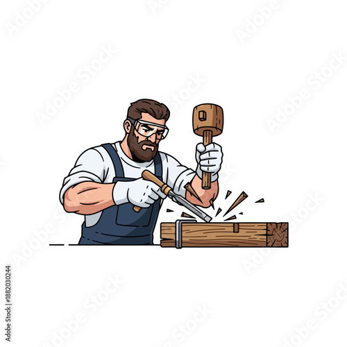 Skilled Carpenter Crafting Wood with Chisel and Mallet.