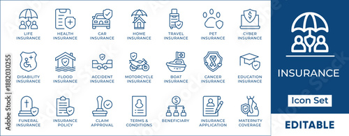 Insurance Coverage Risk Protection Line Icon Set Editable Stroke Vector