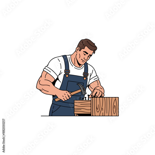 Carpenter working with hammer and wood.