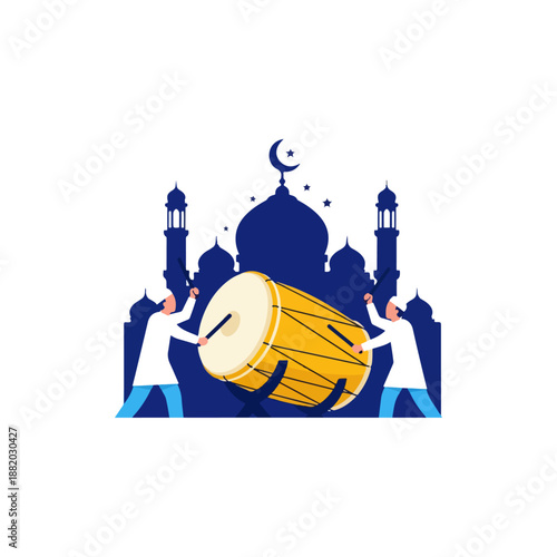 Two People Playing Large Drum in Front of Mosque.