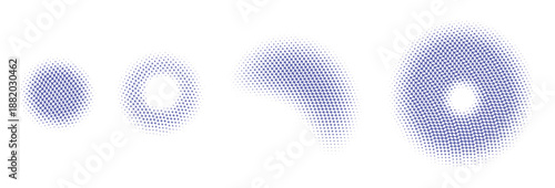 Halftone patterns show dot growth. Blue halftone textures transition, creating visual progression effect