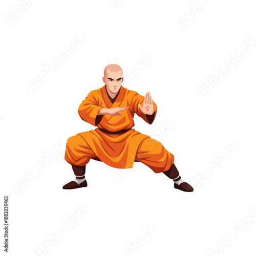 Bald Monk in Orange Robe Practicing Martial Arts Stance.