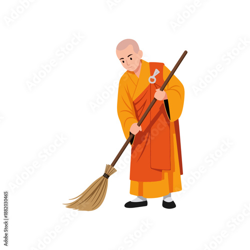 Buddhist monk sweeping with a broom.