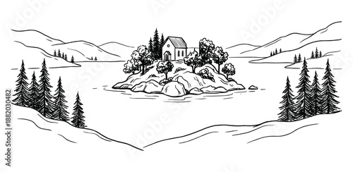 Hand drawn black and white illustration of island with building, trees, and mountains landscape scenery.