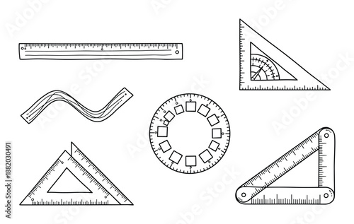 Hand drawn black and white illustrations of drafting and drawing tools for design, engineering projects.
