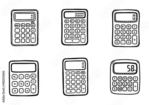 Hand drawn calculators illustrations. Finance tools, mathematical devices for computing, calculation