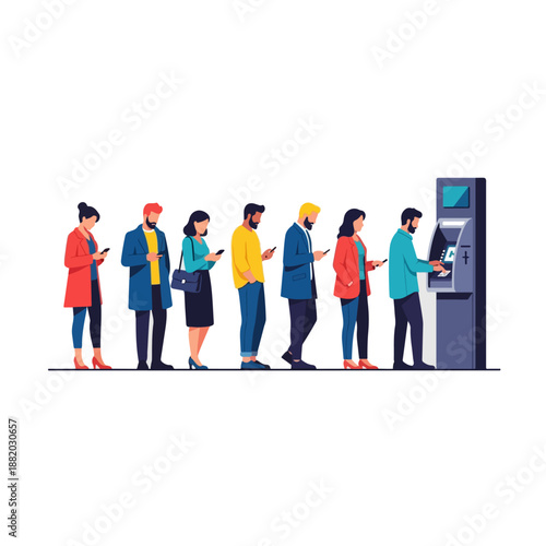 People Waiting in Line at ATM.