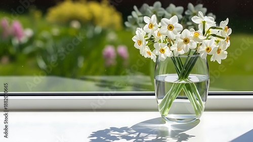Wallpaper Mural A vase of white daffodils sits on a windowsill with a blurred garden view Torontodigital.ca