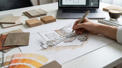 Interior designer sketching modern living room concept on paper,with fabric swatches,wood samples,and digital floor plan on laptop for creative home renovation ideas