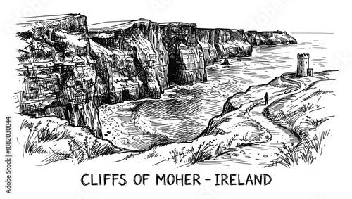 Hand drawn Cliffs of Moher, Ireland. Tourist destination with the cliffs, tower and ocean. Irish landscape sketch.