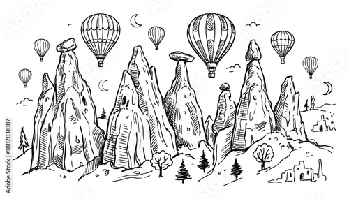 Hand drawn illustration of Cappadocia with hot air balloons flying over the surreal fairy chimneys.