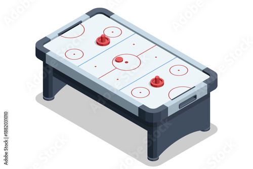 Air Hockey Table. Isometric air hockey table with puck and mallets. Arcade sport game equipment isolated on white background. Modern leisure and entertainment concept in clean vector style.