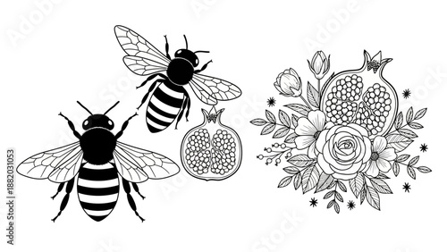 Bees collecting nectar from flowers in a botanical illustration, showcasing insects and plants in a detailed drawing