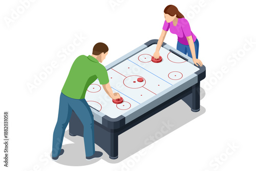 Air Hockey Table. Isometric air hockey game with two players competing at arcade table. Indoor leisure activity, sport entertainment concept isolated on white background.