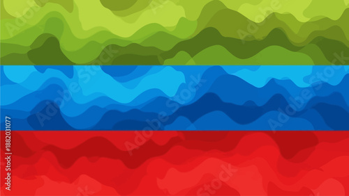 Vibrant abstract landscape with layered wavy patterns in shades of green, blue, and red, viewed from a high vantage point, showcasing dynamic graphical elements.