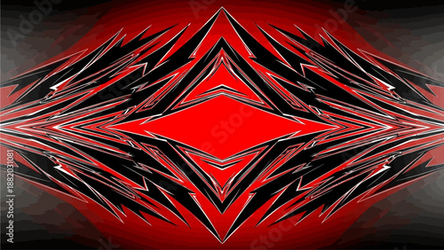 Futuristic abstract art featuring a vibrant red diamond shape surrounded by sharp black lines and geometric patterns in a dark environment