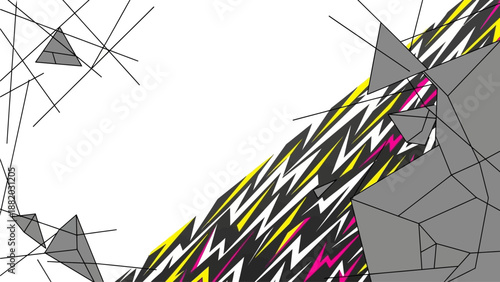 Abstract geometric shapes forming a dynamic composition with vibrant colors and angular lines, showcasing a futuristic design element