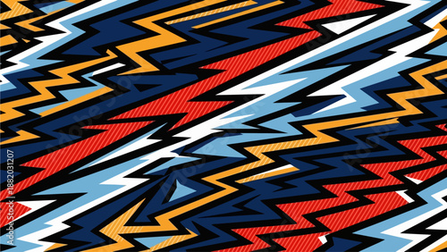 Vibrant abstract illustration featuring diagonal lightning bolts in various colors and patterns, creating a dynamic and energetic visual effect from a close-up viewpoint.