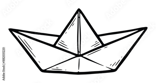 Hand drawn paper boat. Nautical theme, simple origami boat, black and white line art illustration.