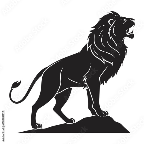 Majestic male lion silhouette standing on a rock and roaring. Wild animal vector illustration.