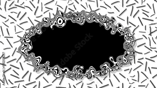Intricate frame with floral pattern surrounding a black void on a white background with scattered line fragments, viewed from directly above