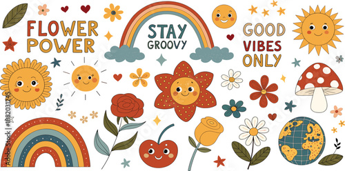 Retro Good Vibes Design with Smiling Suns, Rainbow, Peace Symbols, Nature Icons, Positive Words, Earthy Colors, Groovy Cartoon Elements