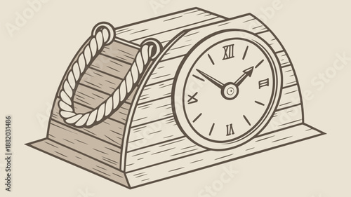 Vintage wooden nautical alarm clock with rope handle and Roman numerals on face, isolated on transparent background