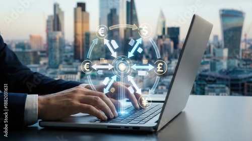 Global financial technology concept with businessman typing on laptop and currency exchange symbols overlay,international digital economy