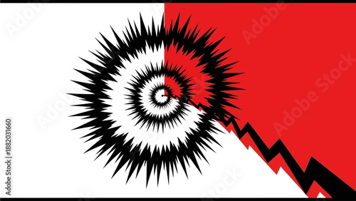 Abstract spiral design with sharp edges and bold red accent in a dynamic composition