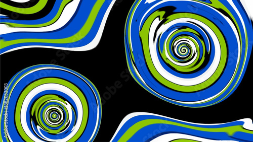 Swirling patterns of blue, green, and white spiral shapes on a black background from a close-up viewpoint.